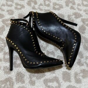 Jennifer Le Ankle Boots Black Leather Gold Studded Stiletto Pointed Toe 39